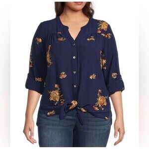 Figueroa & Flower Floral Embroidered Mandarin Collar Blouse 1X